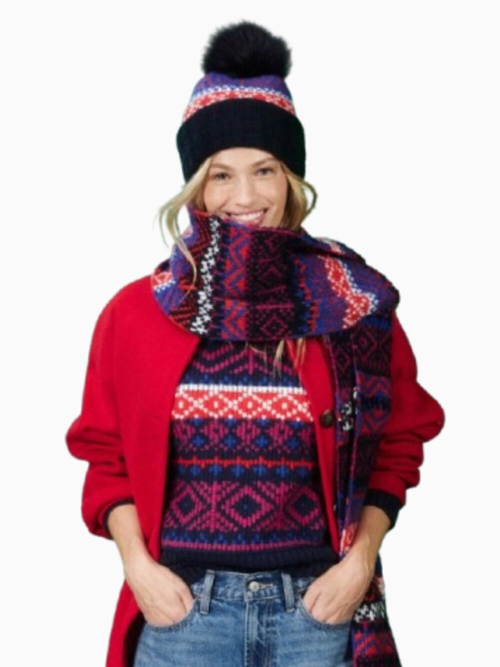 *NWT Old Navy Arctic Depth Fair Isle Chunky Pompom Beanie & Matching Scarf Set